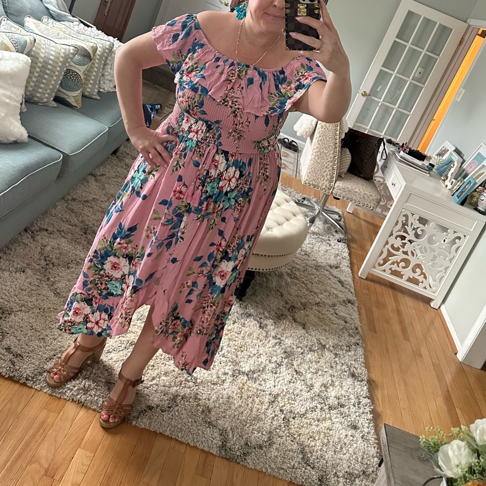 XHILARATION Smocked Floral Print Off-Shoulder High Low Hem Dress XL